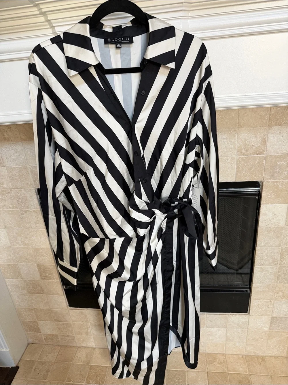 Eloquii Black & off White Diagonal Stripe Wrap Shirt Dress Sz 18 - Picture 2 of 10